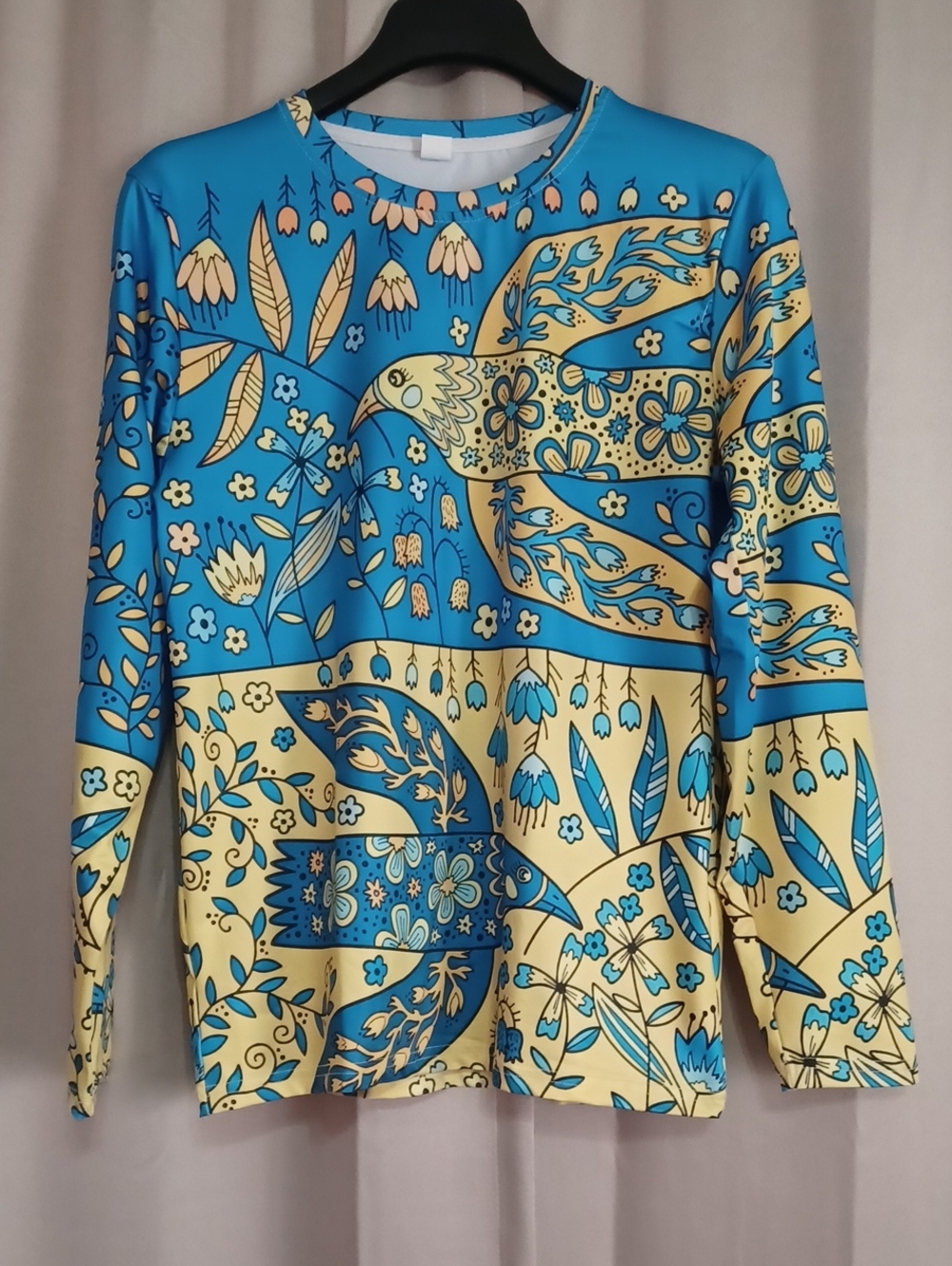 Vibrant Mystic Bird & Floral Mixed Print Long Sleeve Top Size M Stretch
